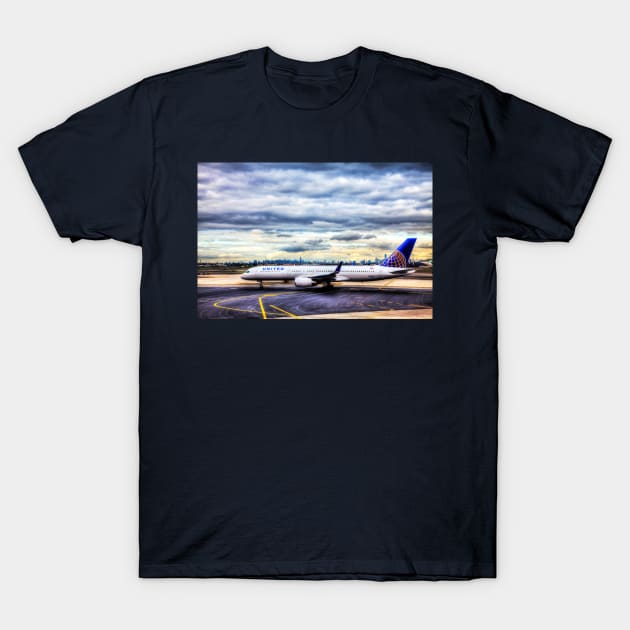 United Airlines And Manhattan Skyline JFK Airport T-Shirt by tommysphotos